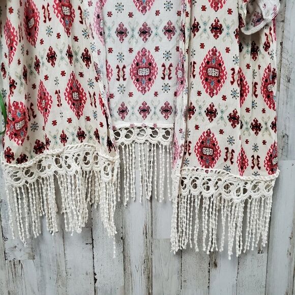 Lovesick Boho Fringe Cardigan Kimono Ivory Red Size OS - Picture 5 of 8